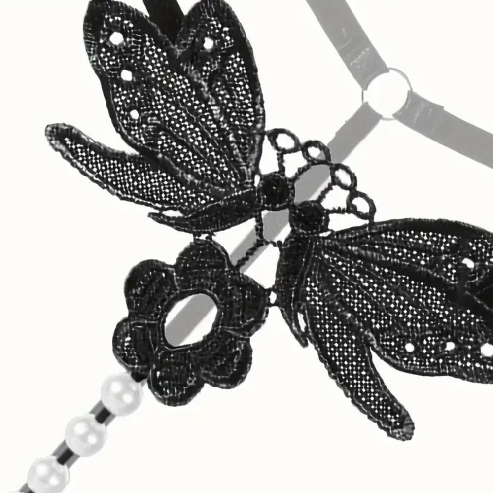 Black Butterfly Embroidery Thongs Hollow Out Faux Pearl Panties One Size - Picture 4 of 6